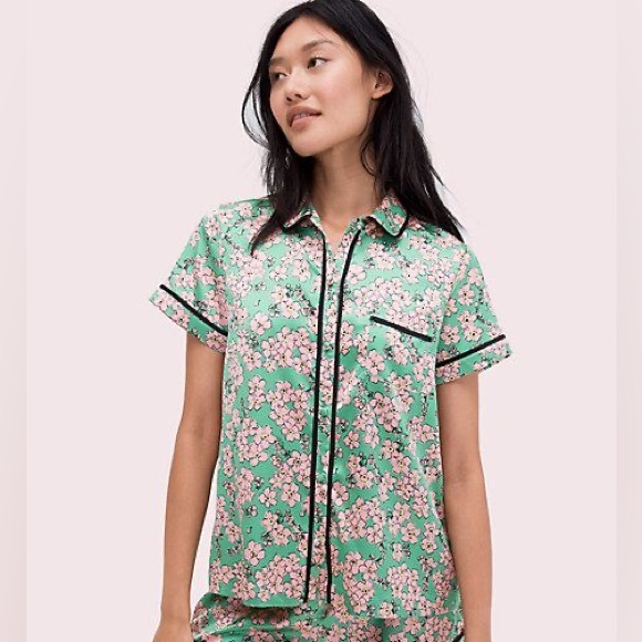 kate spade Other - Kate Spade Charm Floral Button Down Pajama Top Short Sleeve Green & Pink Sz Med